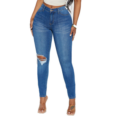 Damesjeans met Stretch en Gescheurde Details