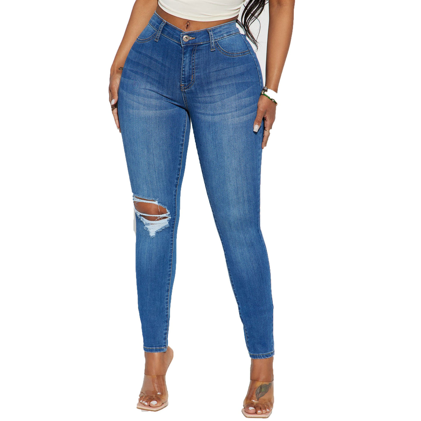 Damesjeans met Stretch en Gescheurde Details